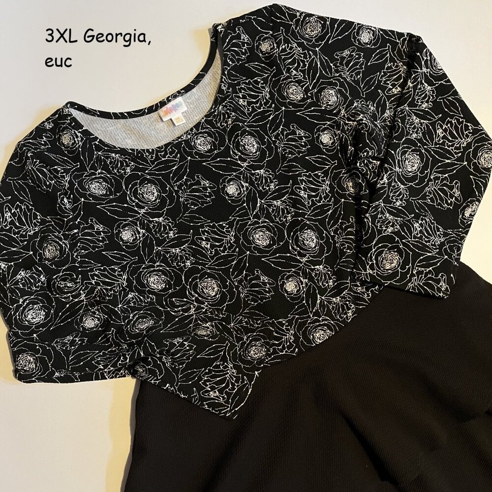 3XL Lularoe Georgia tiered ruffle skirt dress, black with white rose outlines